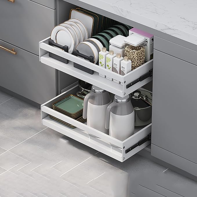 Pull Out Kitchen Storage,Roll out Storage Shelf Storage for Pantry,Extendable Drawer For Kitchen Storage,No Need Drill and Nailing,for Kitchen, Living Room, Home. ( Color : White , Size : TWO_32*42*7C