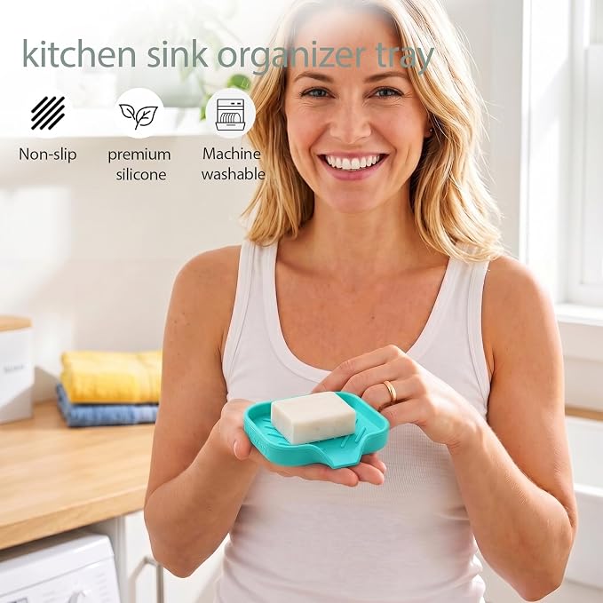 MicoYang Silicone Soap Dish with Drain Spout, Self-Draining Sink Organizer Tray for Bathroom and Kitchen, Sponges, Dispensers and Soap Holder, Non-Slip and Dishwasher Safe, Mint (Compact, 4.9"×3.2")