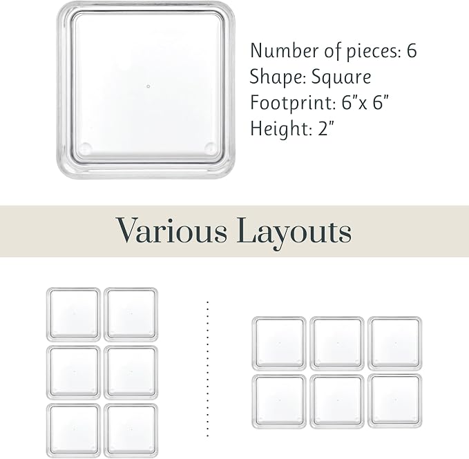 STORi SimpleSort 6-Piece Stackable Clear Drawer Organizer Set | 6" x 6" x 2" Square Trays | Small Makeup Vanity Storage Bins and Office Desk Drawer Dividers | Made in USA