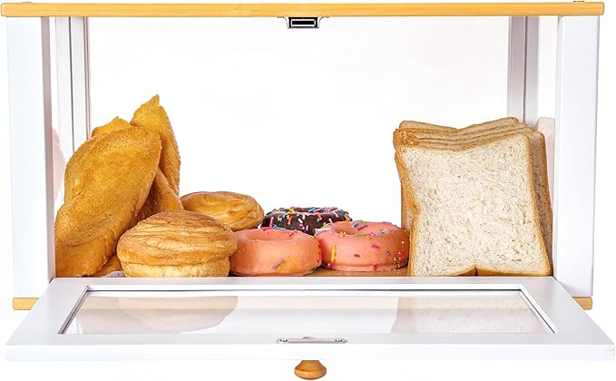 ETMI Glass Bread Box for Kitchen Countertop - Clear White Bread Box Pastry Display case Classic style