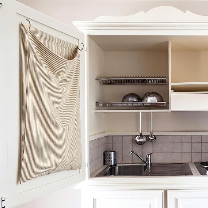 Reusable Dirty Rag Storage Bag Linen Dish Towel Cloth Bag Dish Rag Holder Natural Cotton Vintage for Under Sink Cabinet Door Organizer Laundry Bathroom Storage(Ecru,Horizontal Stripes)