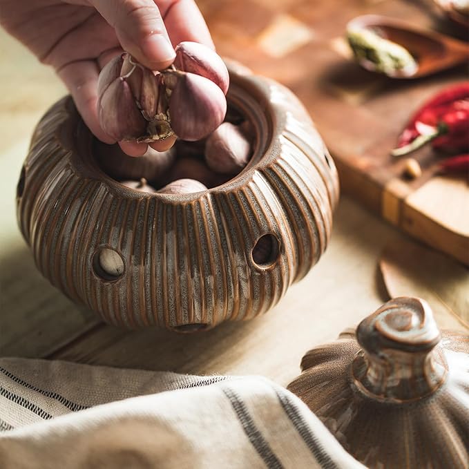 Ceramic Garlic Keeper with Lid and Holes Garlic Saver and Storage Framhouse Decor Keep Gralic Cloves Dry and Fresh, Grey