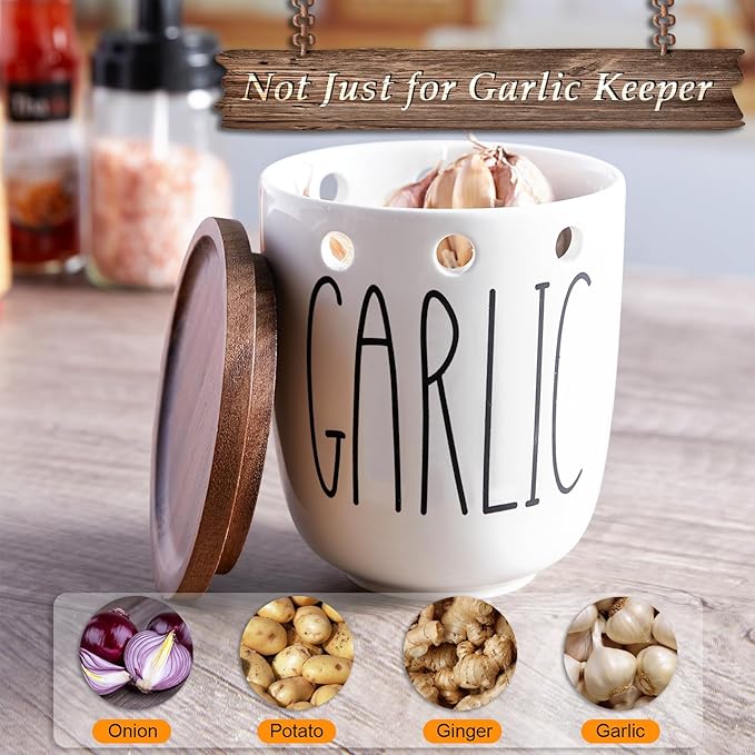 DAYYET Large Garlic Keeper for Counter, Ceramic Garlic Keeper with Acacia Wood Lid, Garlic Holder Storage Container, Garlic Saver for Kitchen, Farmhouse Kitchen Decor and Accesorries, White