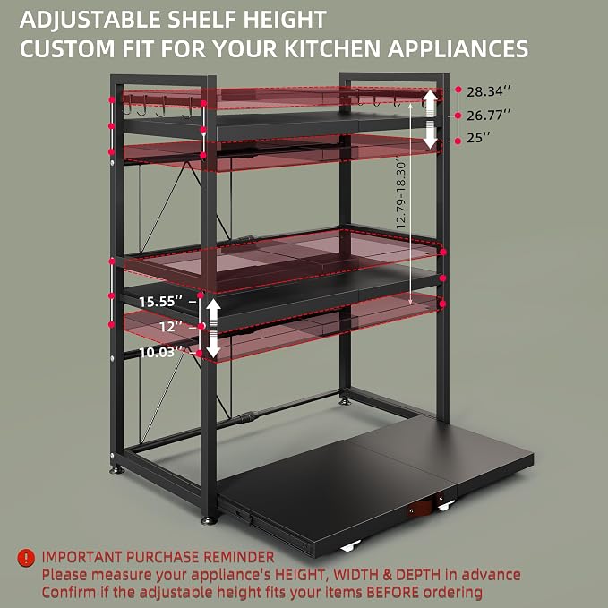 NETEL Expandable Microwave Stand,3 Tier Metal Kitchen Countertop Organizer Shelves with 8 Hooks,Bakers Rack,Pull-Out Microwave Shelf,110lbs Weight Capacity,Black