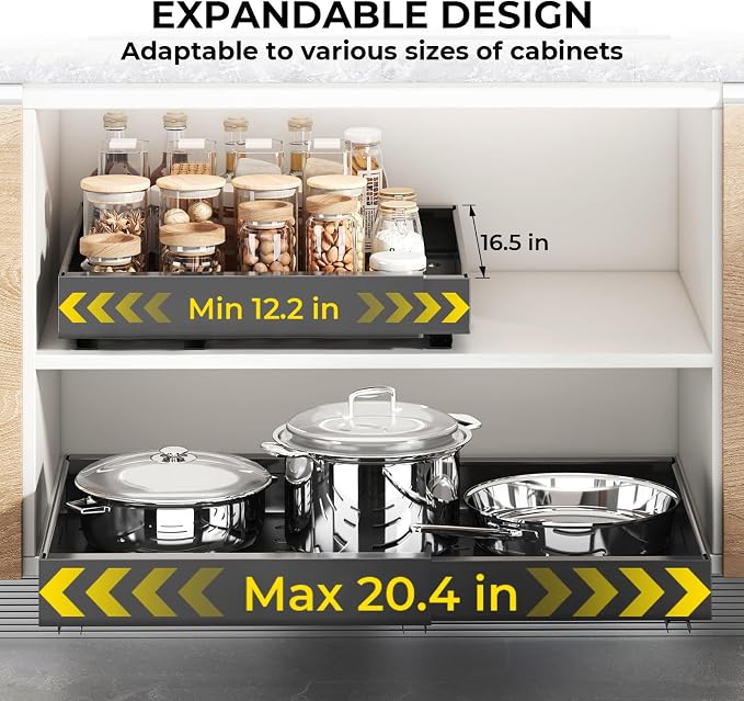1 Pack Pull Out Cabinet Organizer, Expandable Width (12.2"-20.4") x 16.5'' Deep Slide Out Drawers for Kitchen Pantry Bathroom Cabinets, Load-Bearing Upgrade 3 Slide Rails Fixed with Adhesive Nano Film