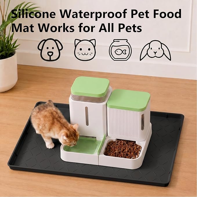 MateeyLife Silicone Mat Waterproof 12"X19", Ideal for Dog and Cat Food Mat, Dog Bowl Mats for Food and Water, Pet Placemat with Lip for Messy Drinkers to Protect Floor, Classic Black