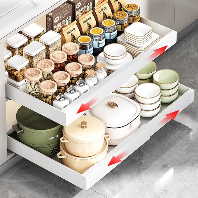 1PCS Expandable Pull Out Cabinet Organizer pots and pans organizer under cabinet Upgrade 3 Slide Rails Slide Out Drawers Roll Out Shelves Adhesive,Adjustable Width