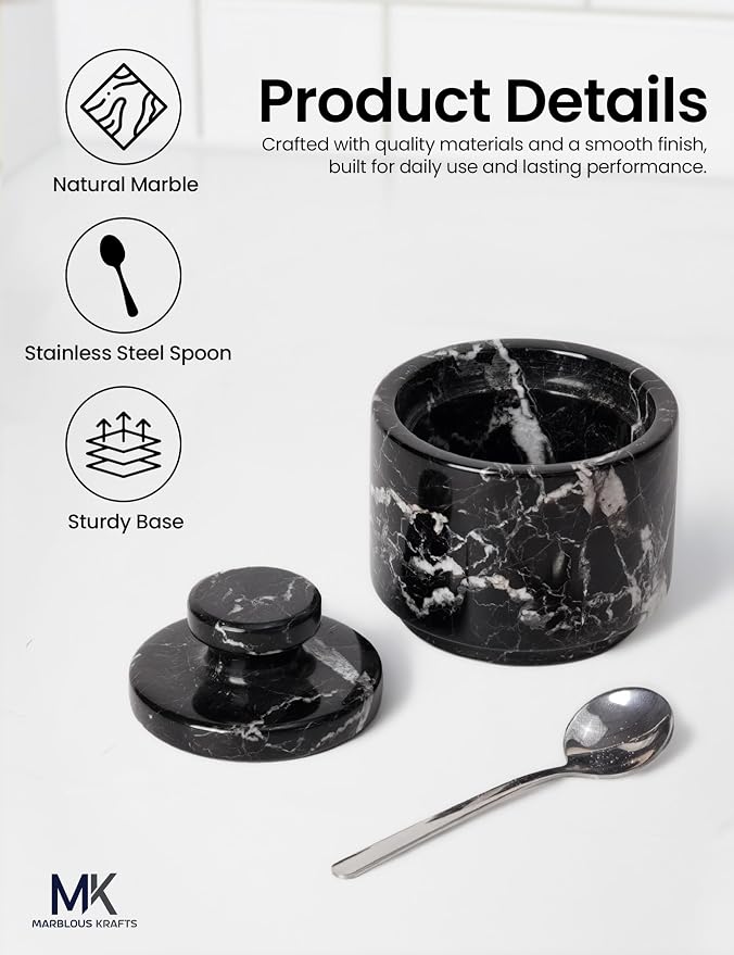 MARBLOUS KRAFTS Marble Salt Cellar with Lid and Spoon 3" Black Zebra Flaky Salt, Seasoning Containers, Ideal small Spices, Sugar Jars, kitchen accessories, Gift for Mom