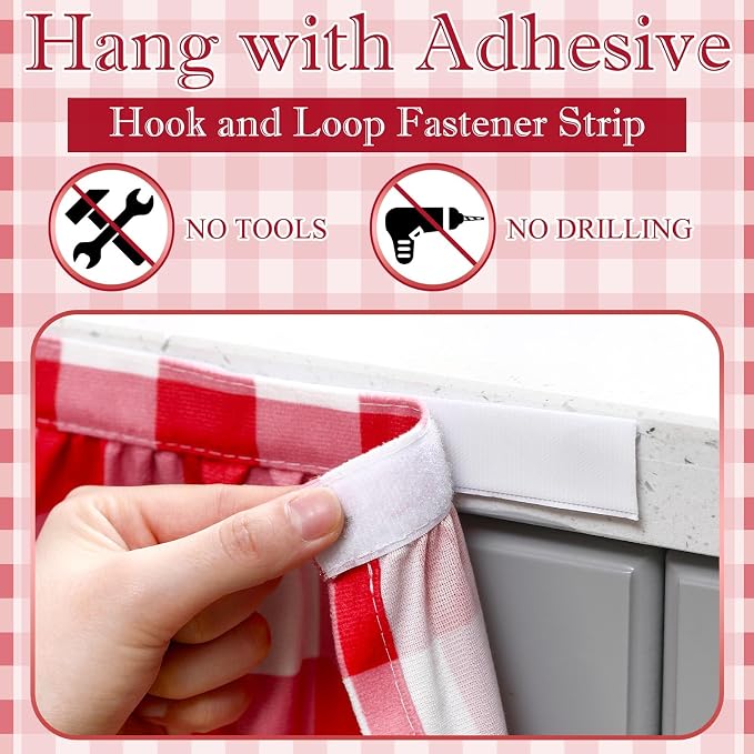 Cabinet Curtains 51 x 28 Inch Red and White Sink Skirt for Bathroom Kitchen Home Diamond Stitch Self Stick Adhesive Waterproof Fabric Farmhouse Rustic Drape Under Desk Privacy Drape Laundry Room