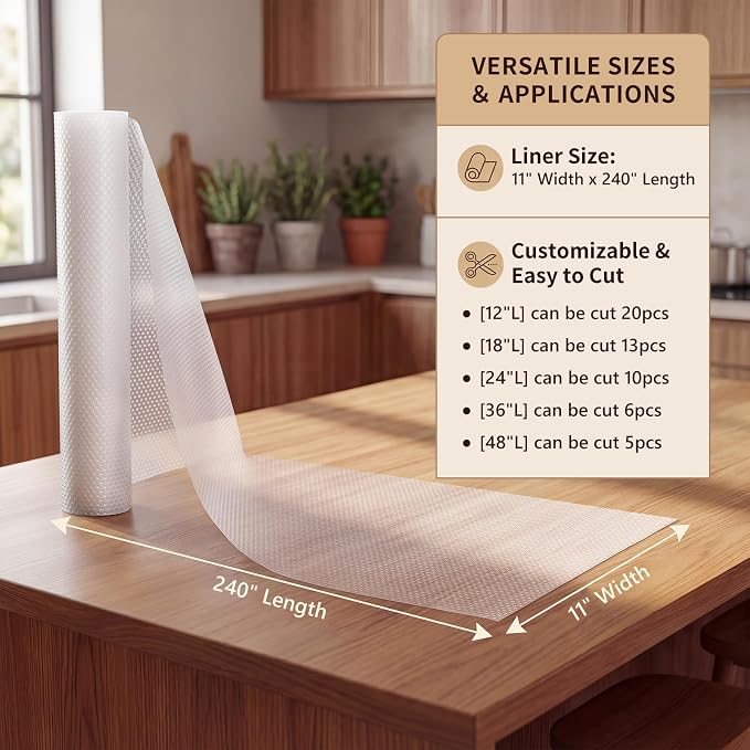 PABUSIOR Cabinet Drawer Liners Clear: Non Slip 100% EVA Multiple Wide Cupboard Mats 11" x 240" - Non-Adhesive Waterproof Kitchen Refrigerator Shelf Liner for Pantry Shelves Bathroom