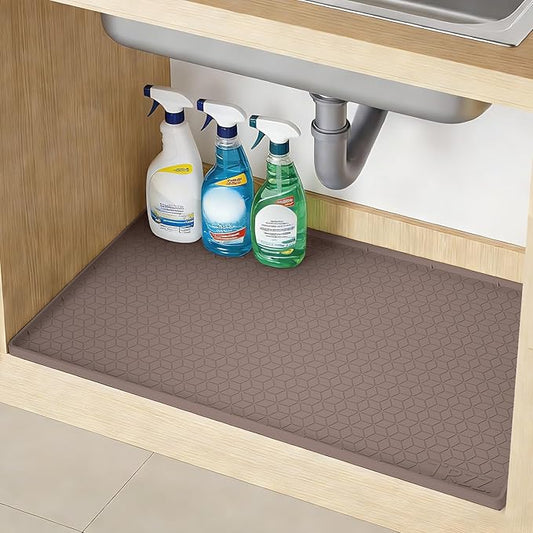 TRZZ Silicone Waterproof Under Sink Mat 28" x 19", Drip Tray and Cabinet Liner for Kitchen and Bathroom, Prevents Water Damage and Organizes Cabinets (Brown)
