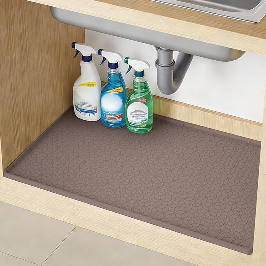 TRZZ Silicone Waterproof Under Sink Mat 34" x 19", Drip Tray and Cabinet Liner for Kitchen and Bathroom, Prevents Water Damage and Organizes Cabinets (Brown)