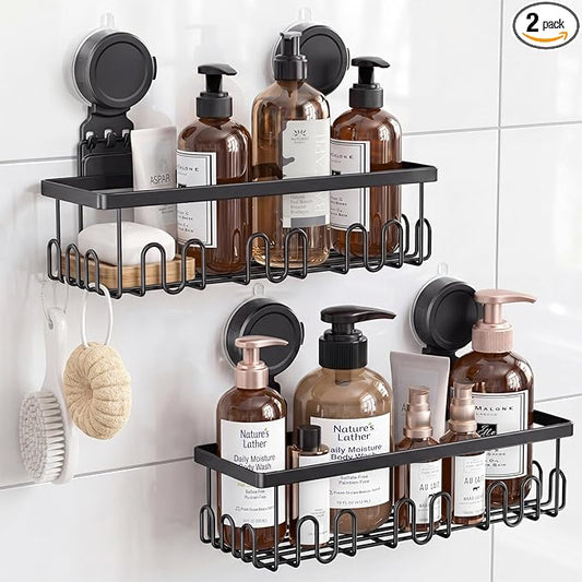 JOTPE Shower Caddy Suction Cup 2 Pack, No Drilling Shower Organizer for Bathroom with Large Capacity, Storage Suction Powerful Max Hold 40 lbs, Waterproof & Removable Bathroom Shelf, Black