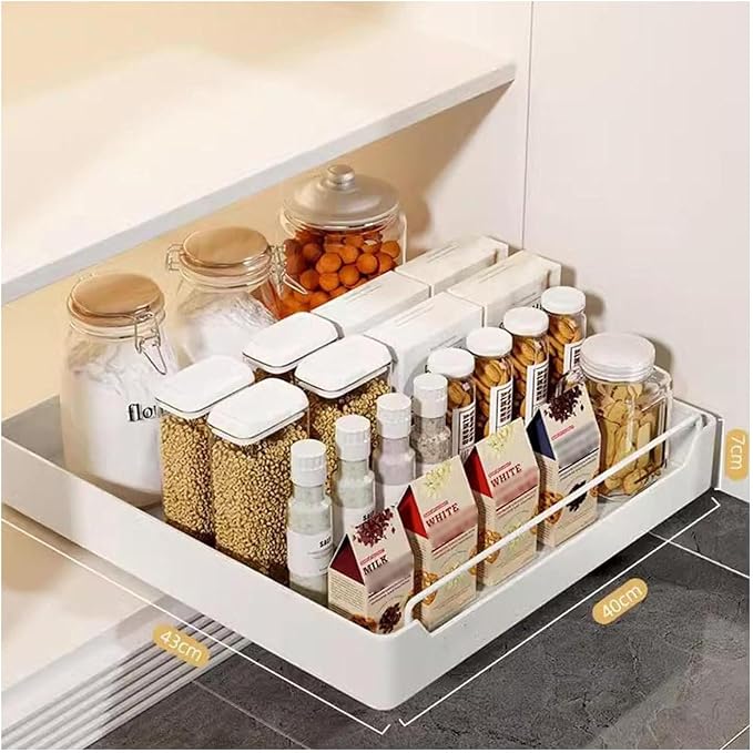 Pull Out Cabinet No Drill No Screw Sliding Storage Solution for Kitchen & Bathroom Cabinets White 43x40x7cm Space Saving Drawer，White 43 * 40 * 7cm