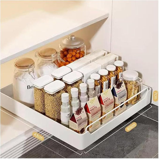 Pull Out Cabinet No Drill No Nails Sliding Storage Solution for Kitchen & Bathroom White 43x30x7cm Easy to Install Space Saving Design，White 43 * 40 * 7cm