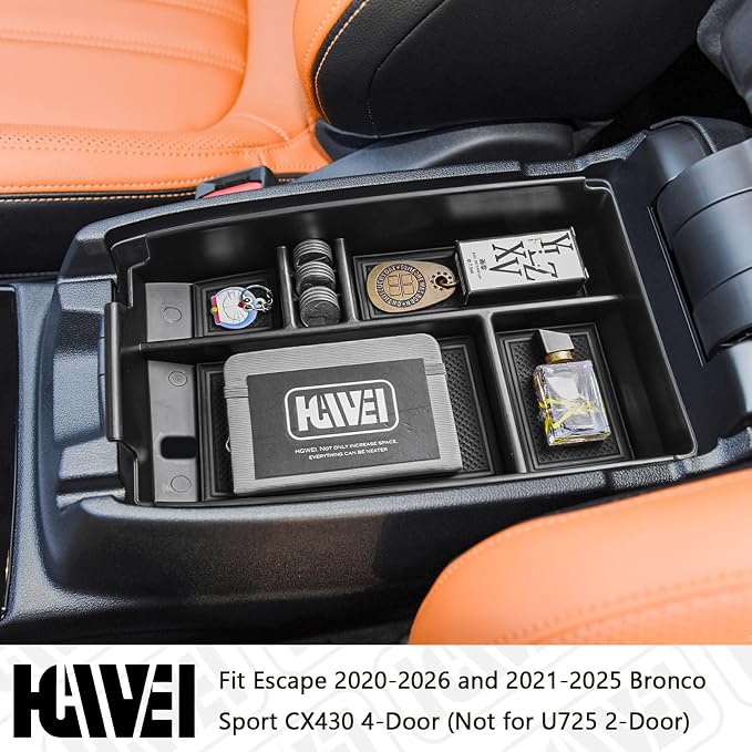HGWEI Center Console Organizer Tray Compatible with Ford Escape 2020-2026/Bronco Sport 2021-2025 Accessories, Insert Container ABS Secondary Armrest Storage Box (Not for U725 2-Door), Black