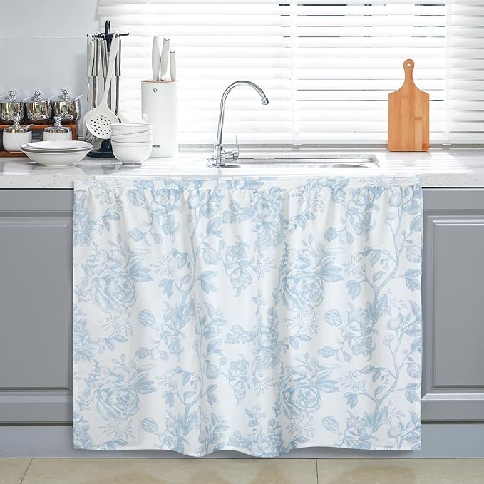 VitalCozy Cabinet Curtains 35" W x 35" L Sink Skirt for Bathroom Kitchen Blue Flower Floral Cabinet Curtains for Classroom Home Farmhouse Rustic Drape Under Desk Privacy Drape for Laundry Room