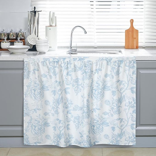 VitalCozy Cabinet Curtains 35" W x 35" L Sink Skirt for Bathroom Kitchen Blue Flower Floral Cabinet Curtains for Classroom Home Farmhouse Rustic Drape Under Desk Privacy Drape for Laundry Room