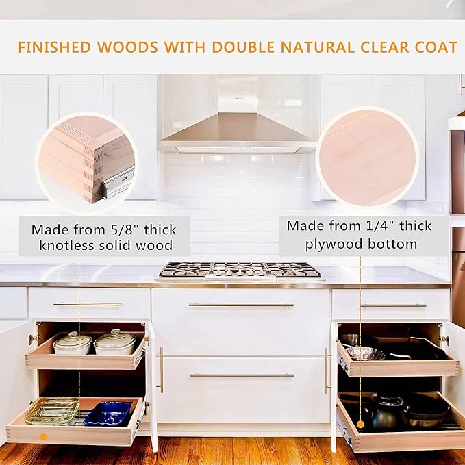 Mulush 32''W x 21''D x 3''H Pull Out Cabinet Drawer Soft Close Slide Out Wood Organizer for Kitchen, Finished, Bottom and Side Assembly (Wood Drawer Part Width is 31inch)
