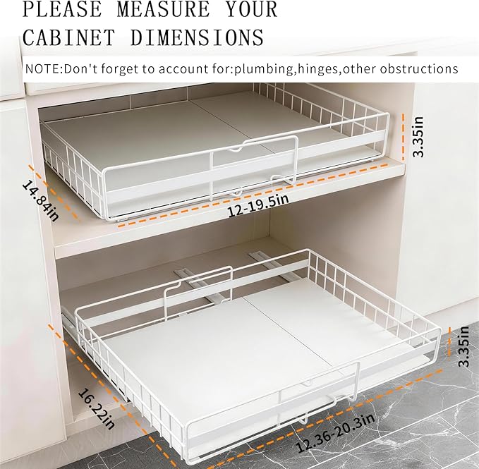 2 Pack Expandable Pull out Cabinet Organizer, Width (13"-21") Pull Out Drawers for Cabinets, Full Extension Upgrade 3 Slide Rails Slide Out Drawers, No Drill Adjustable Roll Out Shelves (White)