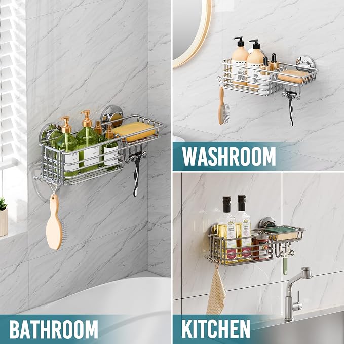TAILI Shower Caddy with Suction Cups, Wall Mounted Organizer for Small Bathrooms, Kitchen, Removable Drill-Free Heavy Duty Shelf Basket, Silver