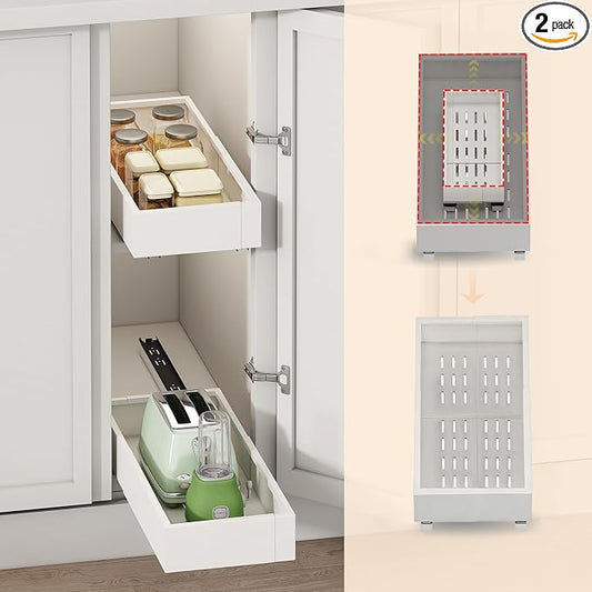2Pc Pull out Cabinet Organizer,Width (7"-11") and Depth(17"-24"),Expandable,Cabinet Roll out Drawers,Adjustable Slide out shelves for Kitchen and Pantry,for Cabinets Without Lip,White