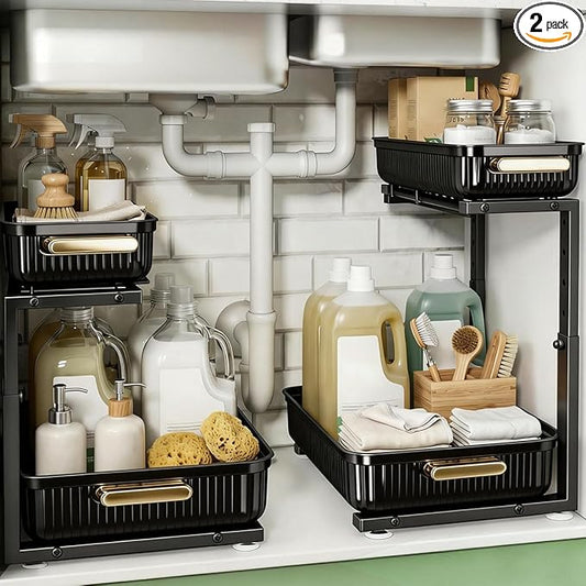 ARSTPEOE Under Sink Organizer - 2 Packs Multi-Purpose Pull-Out Storage Organizers, Slide out Pull out Metal Cabinet Organizer Shelf, Storage for Kitchen Bathroom, Black