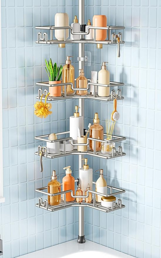 HAMITOR L-Shaped Corner Shower Shelves: 4-Tier Tension Pole Bathroom Caddy - No Drilling Rustproof Metal Bathtub Organizer - Standing Adjustable Apartment Essentials Rack for Renters 47-123 Inch
