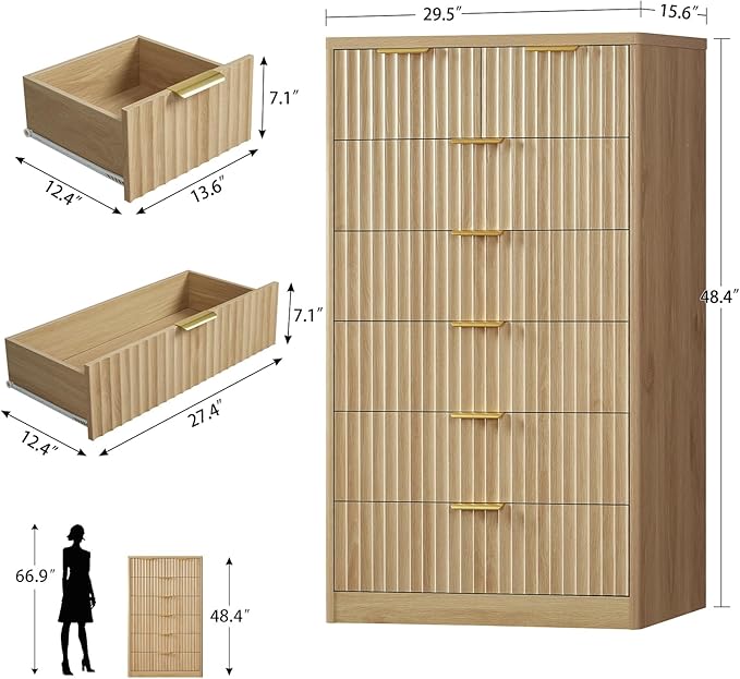 TEENFON 48" Tall Dresser for Bedroom with 7 Drawers, Dressers & Chests of Drawers with Metal Handle, Fluted Dresser, Wood Closet Clothes Storage Organizer for Bedroom, Hallway, Natural