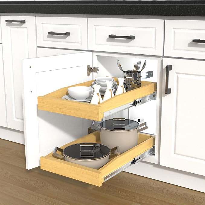 2 Tier Pull Out Cabinet Organizer, 14"W x 21"D Solid Wood Heavy-Duty Base Bottom Assembly Slide out Drawer Shel Cabinet Organization for Kitchen, Pantry, Bathroom