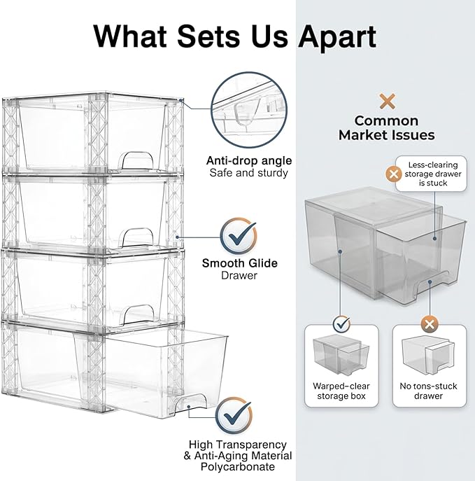 Bathroom Organizers and Storage Boxes 4pack, 7in Stackable Storage Drawers Plastic Simply Assembled Containers Bins Suitable for Cosmetics, Bathroom, Kitchen, Cabinets, and Snack Storage Boxes