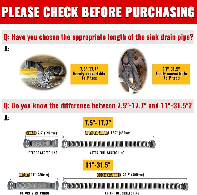 VIVIDA Sink Drain Pipe 1-1/2", Flexible Drain Pipe, 7.5"-17.7" Expandable Flexible P Trap for Bathroom and Kitchen, Under Sink Plumbing, 1-1/4" Adapter Included, Gray, 1 PACK