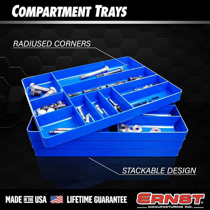 Ernst 10 Compartment Drawer Organizer: Heavy Duty Stackable Tray for Garage Tool Organization - Low-Profile Toolbox Storage - Bolts, Tools, Parts, Easy to Clean – High Visibility - Made in the USA