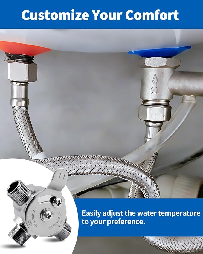 3/8" Manual Mixing Valve Hot Cold Water Temperature, Brass Water Mixing Valve with 2 Braided Faucet Connector, for Home and Bathroom Below Deck to Adjust Water Temperature