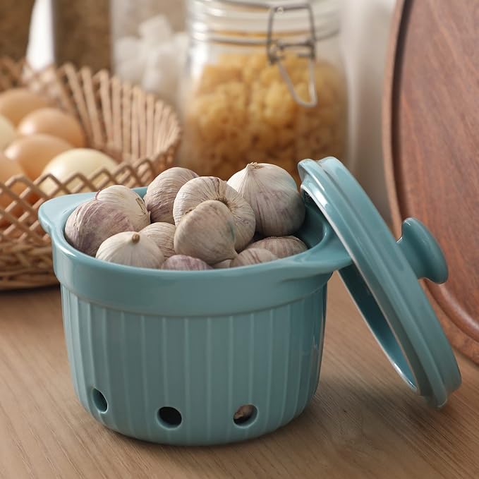 Garlic Keeper with Lid, Ceramic Garlic Saver Container for Countertop, Kitchen Decor (Turquoise)