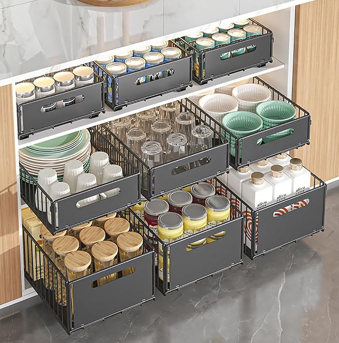 YunNasi Pull Out Cabinet Organizer Slide Out Drawer Storage Shelves Cupboard Organiser Sliding Cabinet Basket for Kitchen No Drilling and Nailing (Black, 4Piece 9.8" W X15 D X 7.5" H)