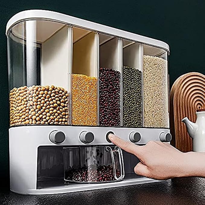 Dry Food Dispenser,Wall mounted 5 Grid Cereal Dispenser,Rice dispenser 25 pounds Kitchen Storage with Measuring Cup