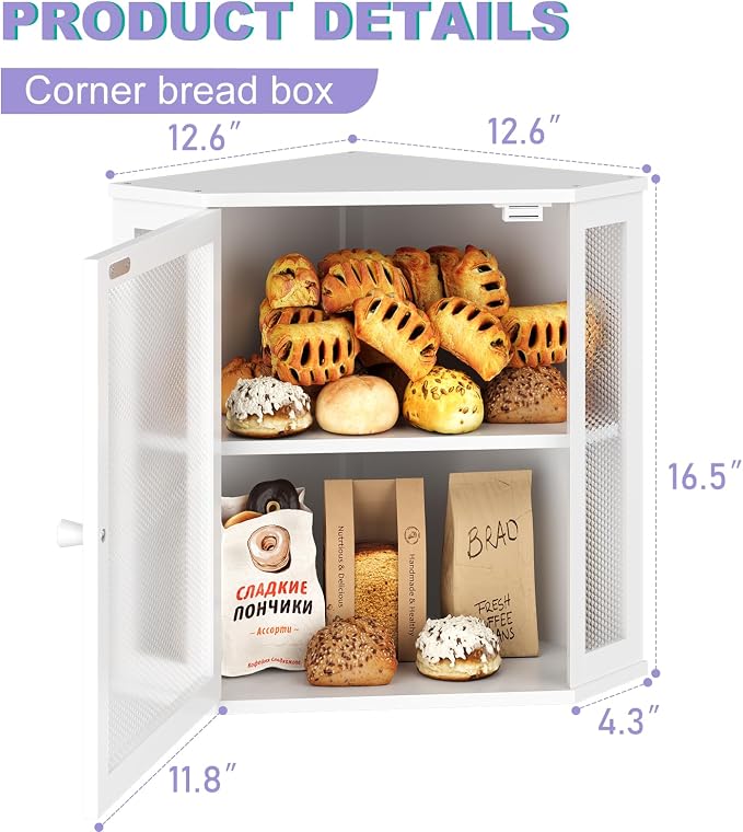 Bamboo Bread Box with Acrylic Window Display, Kitchen Countertop Storage,(White, Medium)