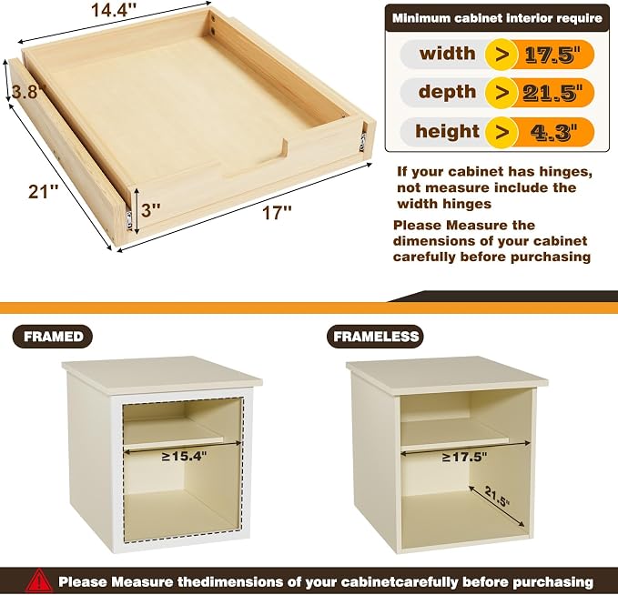 Pull Out Cabinet Organizer, 17''W×21''D Sliding Drawers for Cabinets, Soft Close Slide Out Wooden Pull out Drawers, Base Cabinet Organization for Kitchen, Pantry, Bathroom