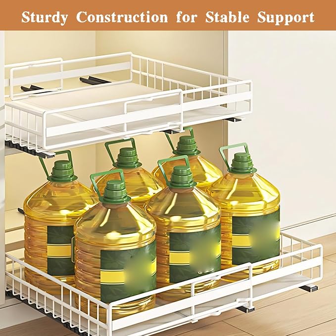 2-Pack Pull Out Cabinet Organizer, Adjustable Expandable 3-Slide Rails Drawers, No Drill Adhesive Cupboard Storage Shelf for Kitchen, Pantry, Living Room, Bathr(Color:White 2 Pack (1 Large + 1 Small))