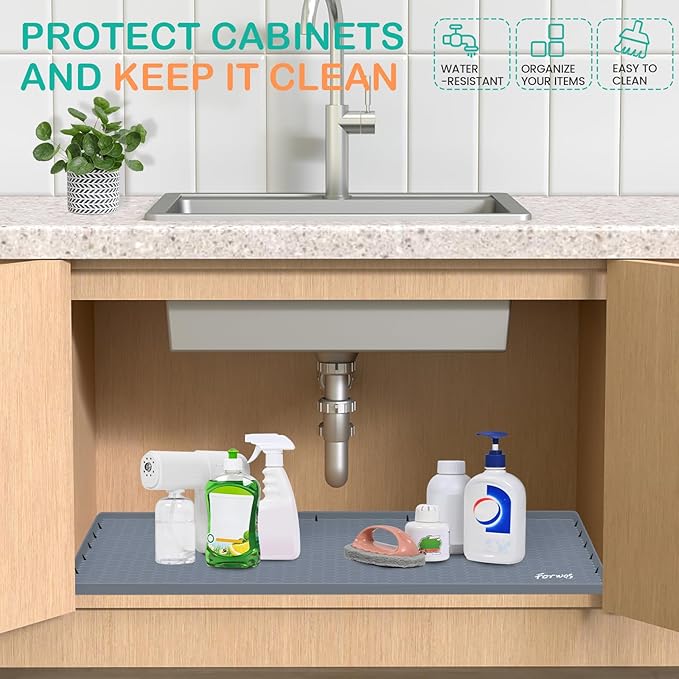Waterproof Under Sink Mat 28" x 19", Silicone Cabinet Liner, Rubber Protector for Kitchen and Bathroom, Keeps Cabinets Clean, Dry, and Organized (Grey)