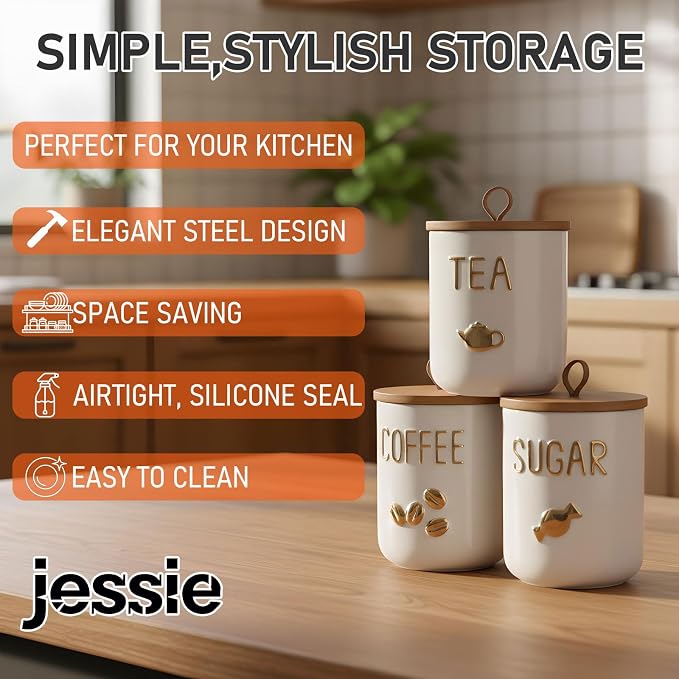 jessie 27oz Ceramics Coffee Canisters with Airtight Seal Bamboo Lid Silicone,Coffee Bean Storage for Kitchen Countertop,Food Storage Jars for Coffee Bean Ground Coffee (Sugar)