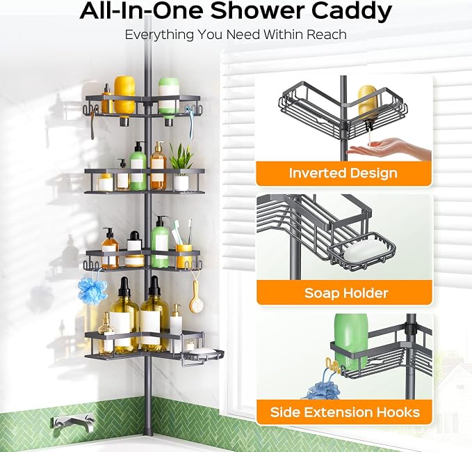 HAMITOR Corner Shower Caddy Tension Pole: 4-Tier Rustproof Bathroom Shampoo Organizer Shelf with Soap Holder - No-Drill Adjustable Standing Tension Pole Rack for Family - 47-123 Inch Gray