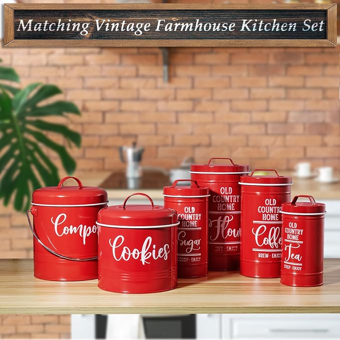 DAYYET Farmhouse Cookie Jar for Kitchen Counter, 1 Gallon Vintage Cookie Jar with Airtight Lid, Large Food Storage Container for Candy, Cookies, Dessert, Red Kitchen Decor and Accessories