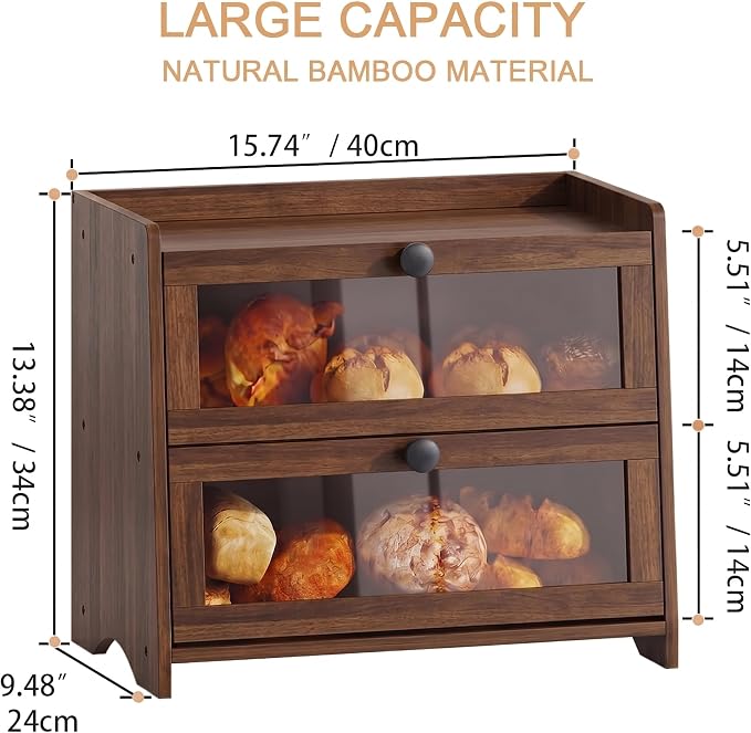 BAMBANG Bread Box for Kitchen Countertop, Extra Large Bamboo Bread Storage Container for Homemade Bread, Double Layer Sourdough Breadox, Bread Bin Organizer for Counter Cabinet Pantry, Amber