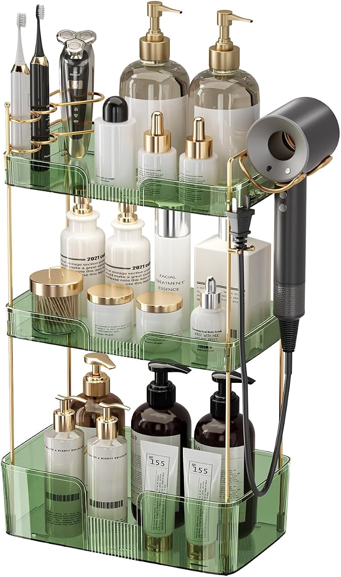 YCIA&DONE Bathroom Counter Organizer, Large Makeup Organizer Countertop, Shelf Storage, Vanity Tray, Easily Assemble for Bathroom Organizers and Storage, Undersink, Cabinet, 3 Tiers Green