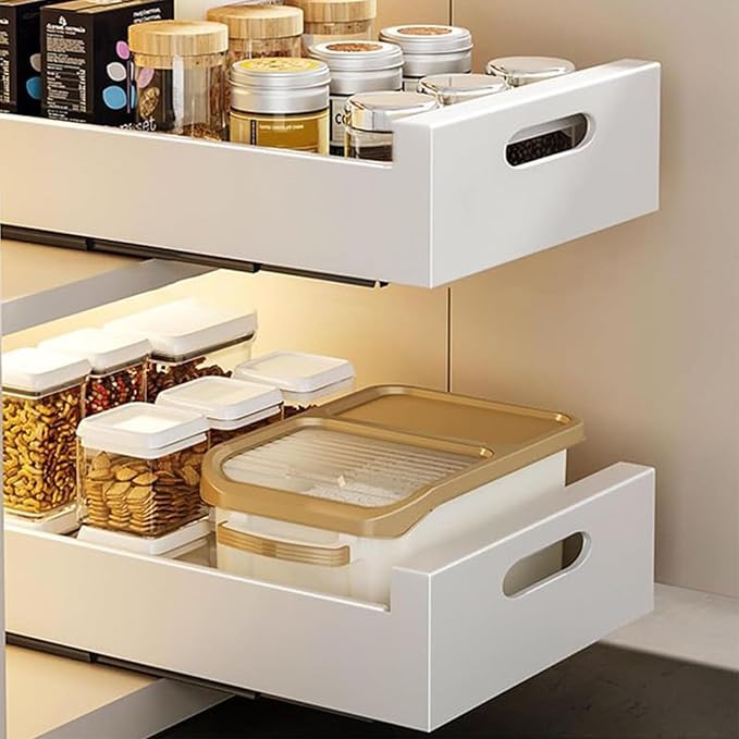 2PCS - Pull Out Cabinet Organiser, Drill-Free Slide Out Drawer Storage Shelves, Heavy Duty Sliding Drawer Organizer for Kitchen Cupboard for Kitchen Cupboard Bathroom(White,25cm)