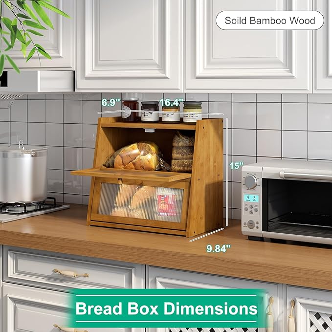 kiplant Bread Box for Kitchen Counter, Double Layer Large Bamboo Wood Bread Box, Bamboo Bread Storage Container with Wavy Arcylic Transparent Door