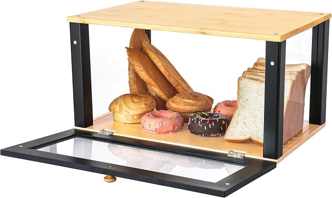 ETMI Bamboo Bread Box for Kitchen Countertop Pastry Display case kitchen Storage (black)