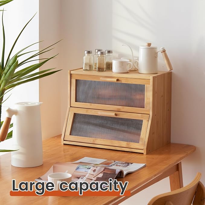 GHWIE Double Layer Bamboo Bread Box for Kitchen Counter,Large Capacity Bread Storage Bin,Bread Container with Acrylic Wavy Door Panel (Natural, Medium)